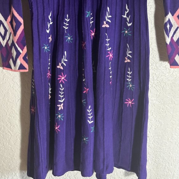 Sahalie Medium Purple Embroidered Sweater Pleated‎ Hippie Boho Cotton Knit Dress - Picture 4 of 14